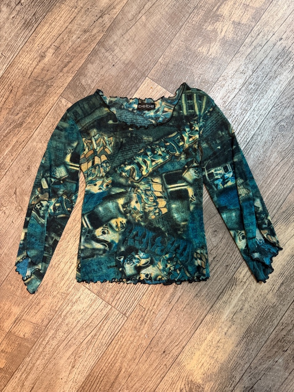 bebe Graffiti Graphic 3/4 Sleeve Ruffle-Trim Top
